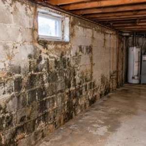 Basement wall with mold damage before remediation