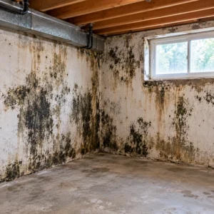Crawl space with mold growth before remediation