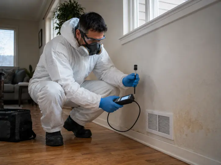 Technician inspecting a home for mold and indoor air quality