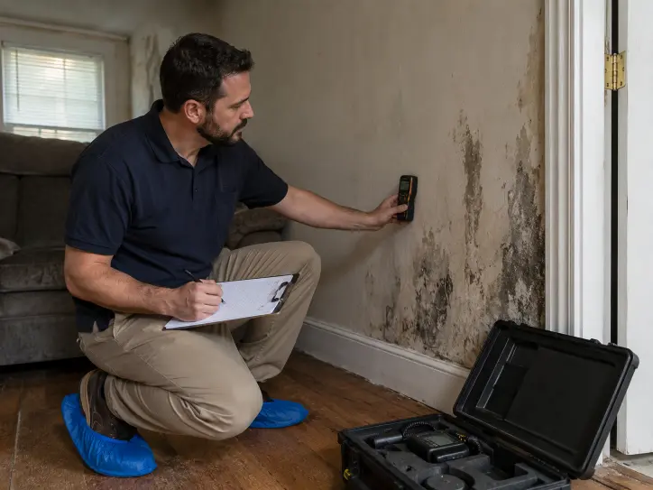 Technician inspecting a wall for mold and moisture