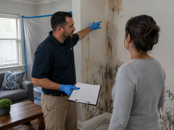 Technician discussing mold removal work with a homeowner