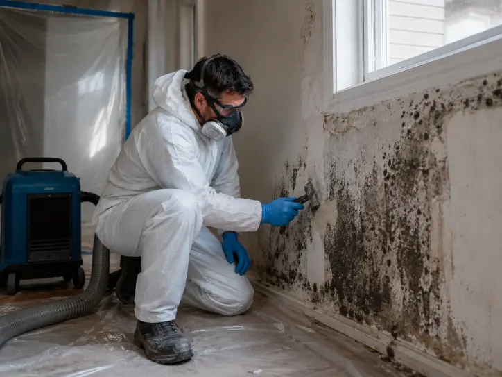 Technician inspecting a mold-affected wall for mold removal in Inwood.