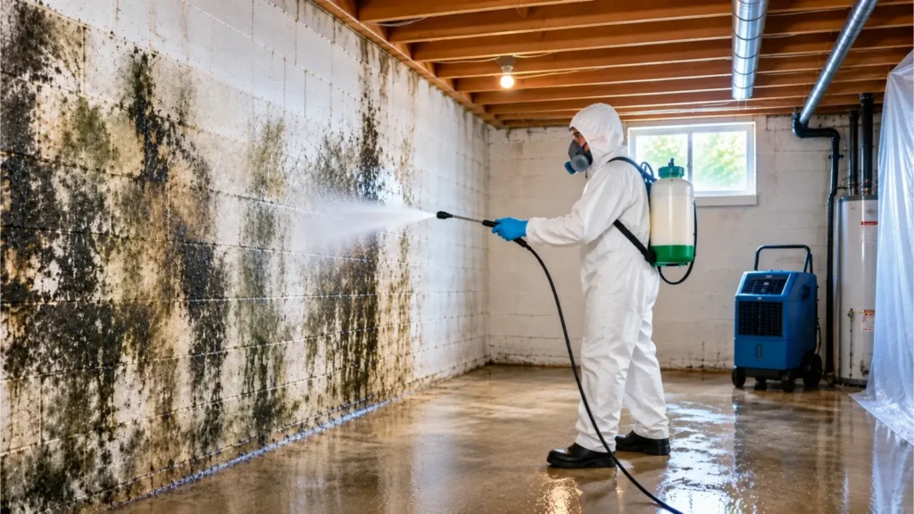 Mold removal technician treating a residential area in Inwood, NY