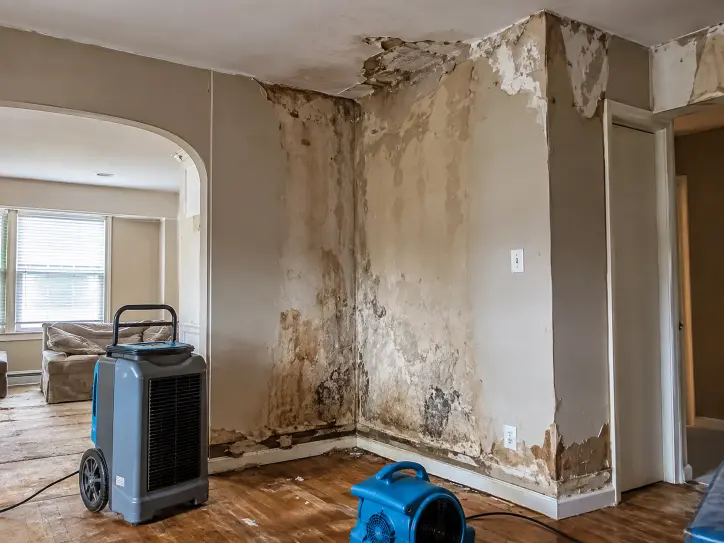 Water-damaged basement wall with visible mold